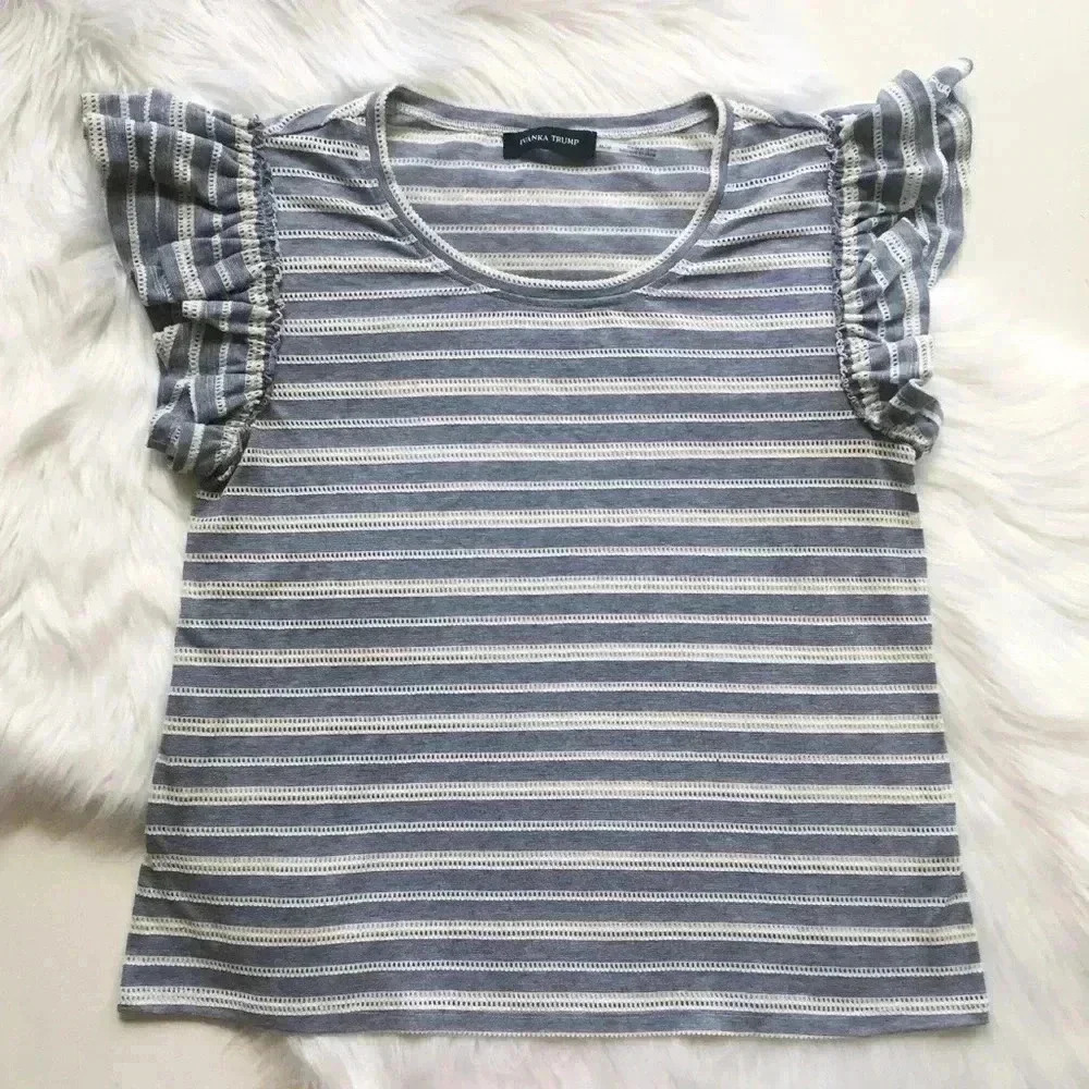 Ivanka Trump Blue and White Striped Ruffle Sleeve